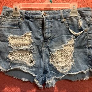 Lace Accent Blue Denim Shorts
